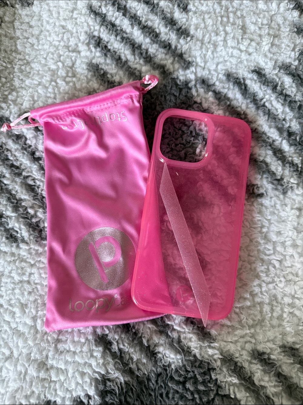 Loopy Case Pink Glitter iPhone Case with Matching Pink Pouch for righty 🩷